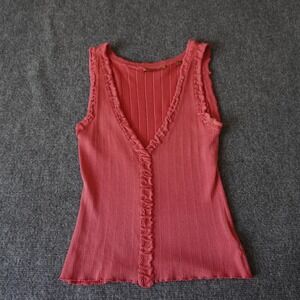 Essendi Pink Ribbed‎ Tank Top Sleeveless Ruffle Trimmed Casual Knit Cute Silk